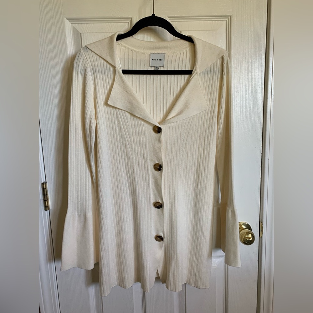 Pink Rose Cream Ribbed Collared Button-Up Top and pants